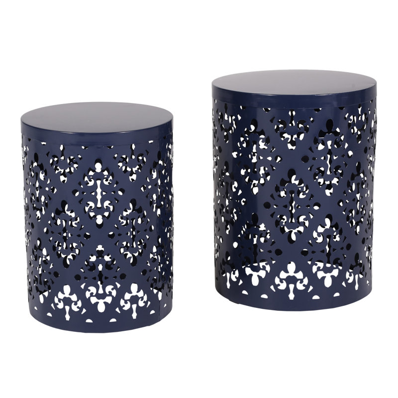 Navy Blue Metal Accent Table - Modern Iron Cut Feature, Powder-Coated Frame, Ready To Place S/2 Tables Detail In Blue, Instant Setup