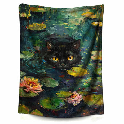 Chat noir avec nénuphars rose surdimensionné, couverture pour adulte très douce et douce en flanelle pour adultes, 40 po x 50 po