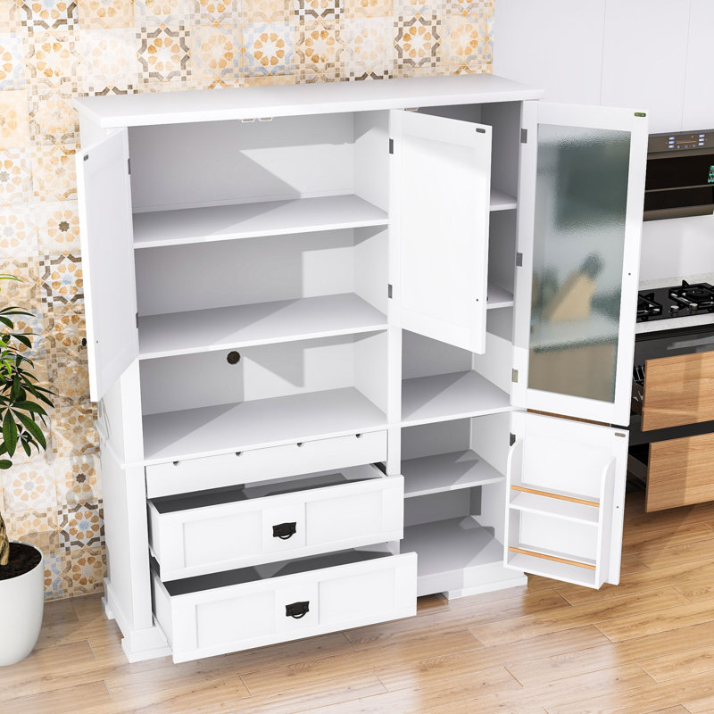 Garde-manger en bois avec tablettes de rangement, tiroirs et portes, Blanc