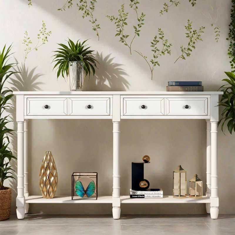 58.02" Console Table, Minimalist Entryway Table with 2 Drawers, Sofa Table with Bottom Shelf for Living Room, Hallway, Ivory
