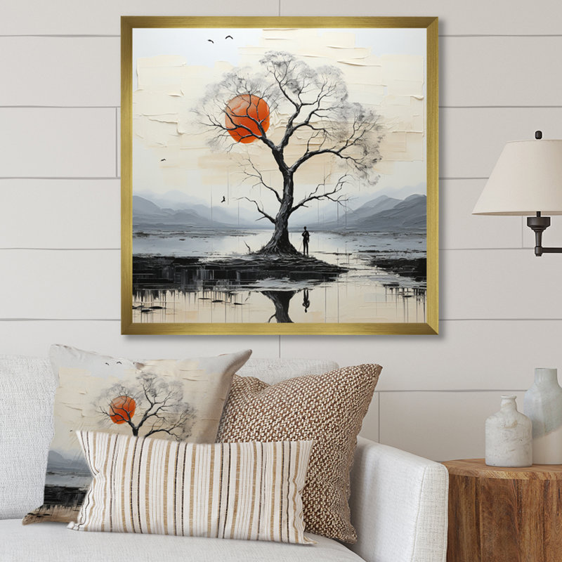 «Grey Red Minimalisme Tree Solitude III», reproduction sur toile, H 30 po x l 30 po x P 1 po, Cadre doré à une seule photo