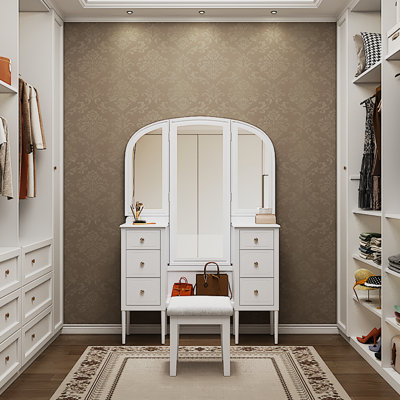 Triple Mirror White Dressing Table With 6 - Drawer Storage, Wood Leg Stool And Full Length For Bedroom Decor Classic Vanity Desk Arrangement, Comfortable Seat