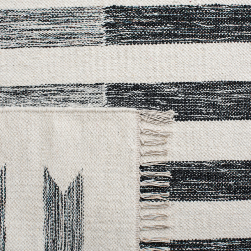 Adanna Hand Loomed Wool/Cotton Striped Rug in Black/Ivory, Rectangle 8' x 10'