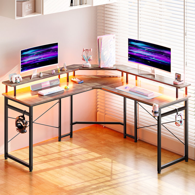 Israa L-Shaped Metal Base Computer Desk with Power Outlet, Oak Grey/Black