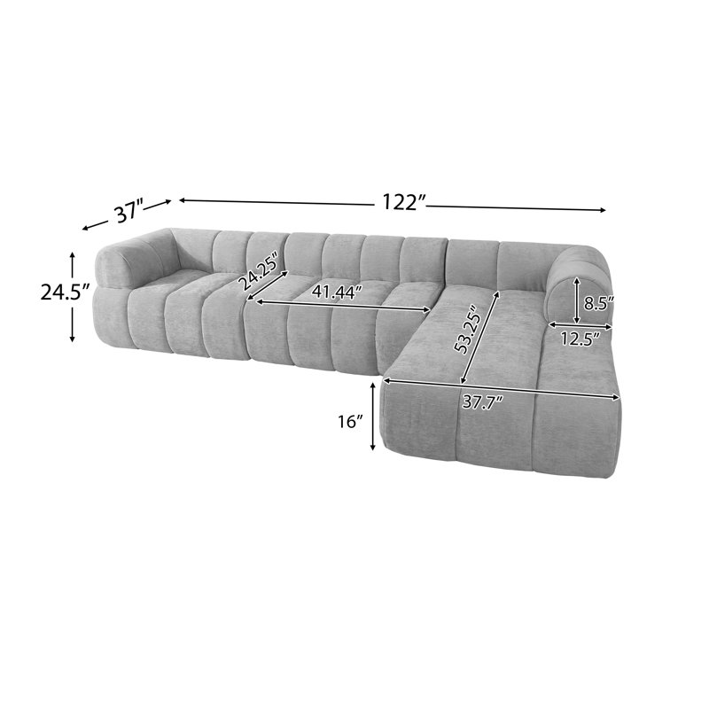 Canapé modulaire en forme de L de 122 po avec méridienne, canapé modulaire en mousse à haute densité de 122 po et assemblage à droite entièrement gris