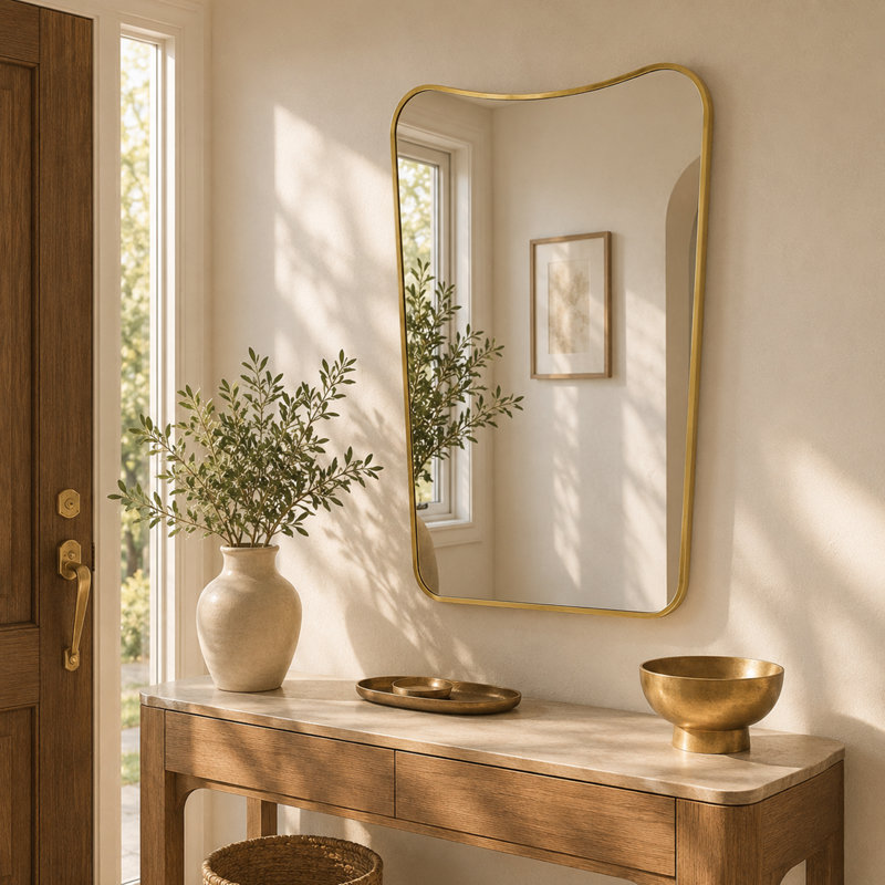 Miroir mural moderne à cadre incurvé, miroir décoratif pour salle de bain, Or brossé