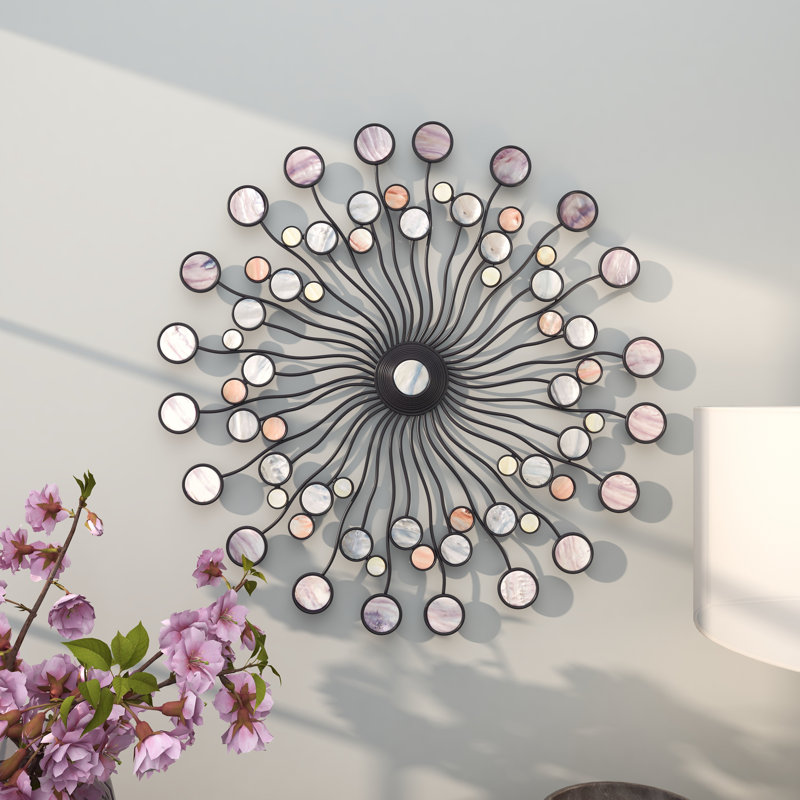 Décoration murale soleil en métal multicolore moderne avec accents de marbre 27 po x 27 po x 1 po