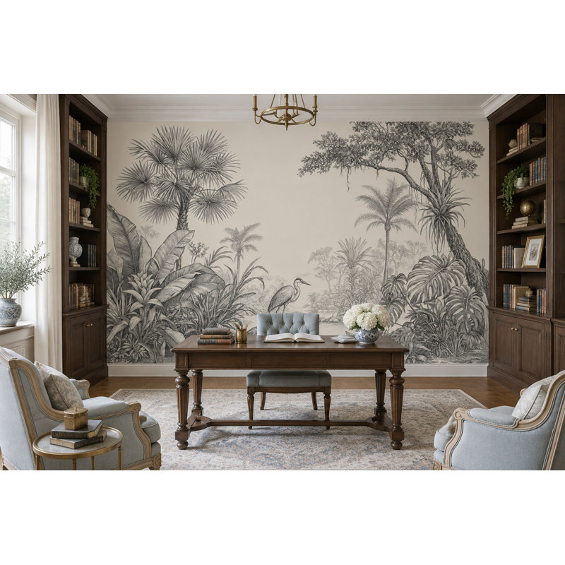 Papier peint tropical jungle, fresque murale en toile noire et ivoire, motif toile de Jouy, 160"x108", Non-Woven Nonpasted
