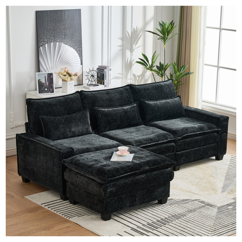 Canapé d'angle en L de 251 cm avec pouf amovible, canapé moderne 4 places en chenille noire