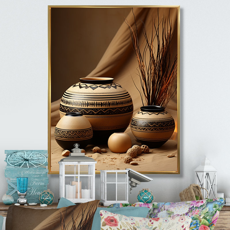 Iyaunna Native Art Pottery Serenity II - Art amérindien grand art mural, H 32 po x l 24 po x P 1 po, Cadre flottant doré