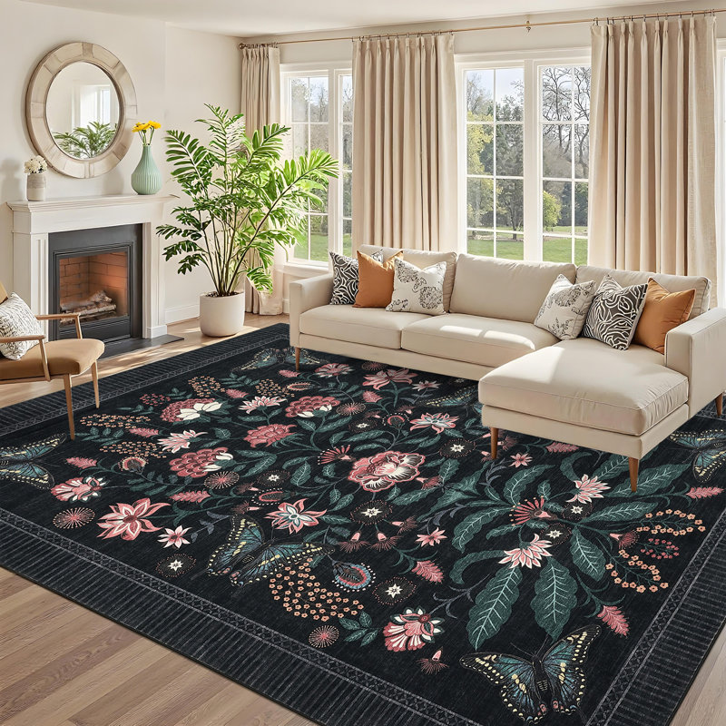 Garden-Inspired Butterfly Washable Area Rug, Stain Resistant Soft Floor Cover for Living Room Bedroom Dining Room, Black