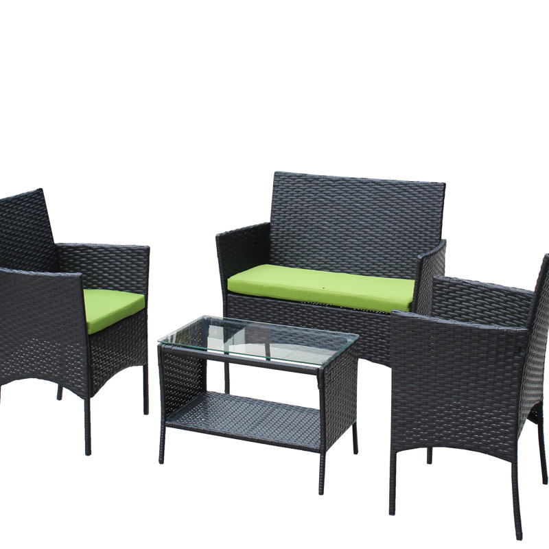 Ensemble de 4 chaises de patio: table à thé rembourrée, fauteuils et (table d'extérieur: fauteuils, coussins, Vert
