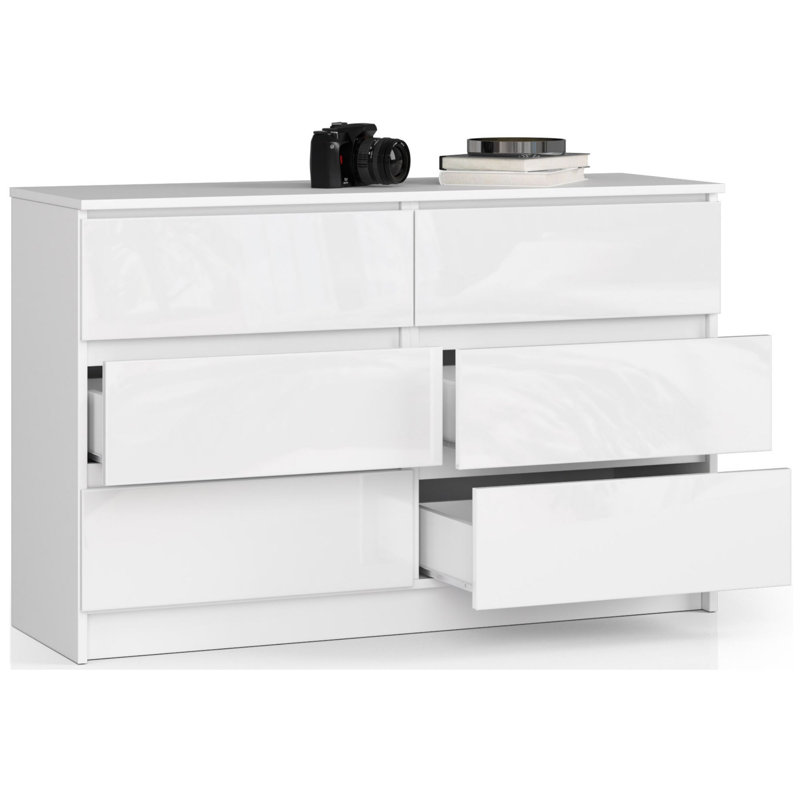 Elree 6 Drawer 120Cm W Double Dresser, White Gloss