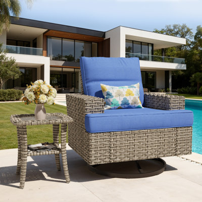 Carolle Outdoor Swivel Rocking Chair Set With Side Table, Wicker Patio Lounge Chair With Cushions & Wide Armrests