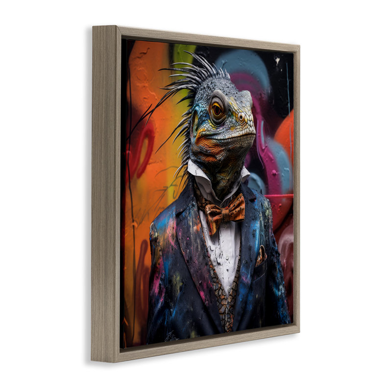 «Urban Graffiti Iguana», art mural encadré flottant doré par Lazar Studio, Cadre flottant orme Montalcino, H 25 po x l 25 po