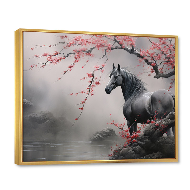 Art asiatique, cheval gris I - art mural cheval, H 34 po x l 44 po x P 1,5 po, Cadre flottant doré