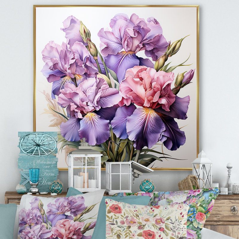 Mauve et rose Iris Grace I - iris, art mural, H 36 po x l 36 po x P 1,5 po, Cadre flottant doré