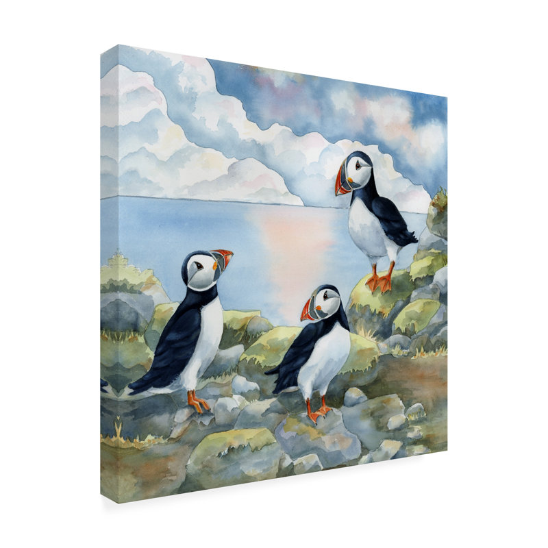Art sur toile, "Puffins on Cliff On Canvas" par Tracy Miller, H 14 po x l 14 po