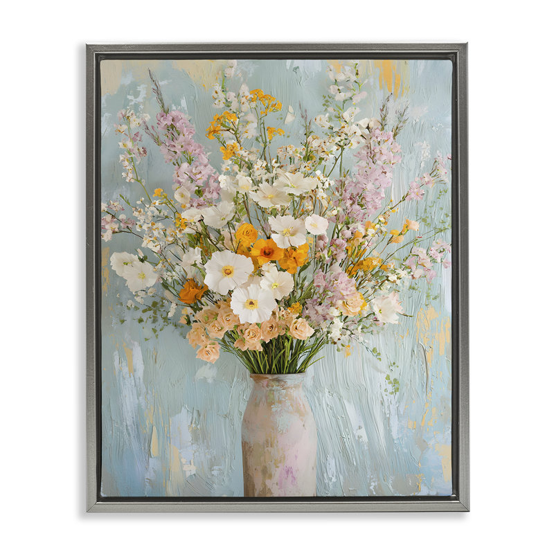 Cadre flottant orange et blanc à motif de fleurs, design par Franklyn Gregory, H 21 po x l 17 po, Cadre flottant gris lustré