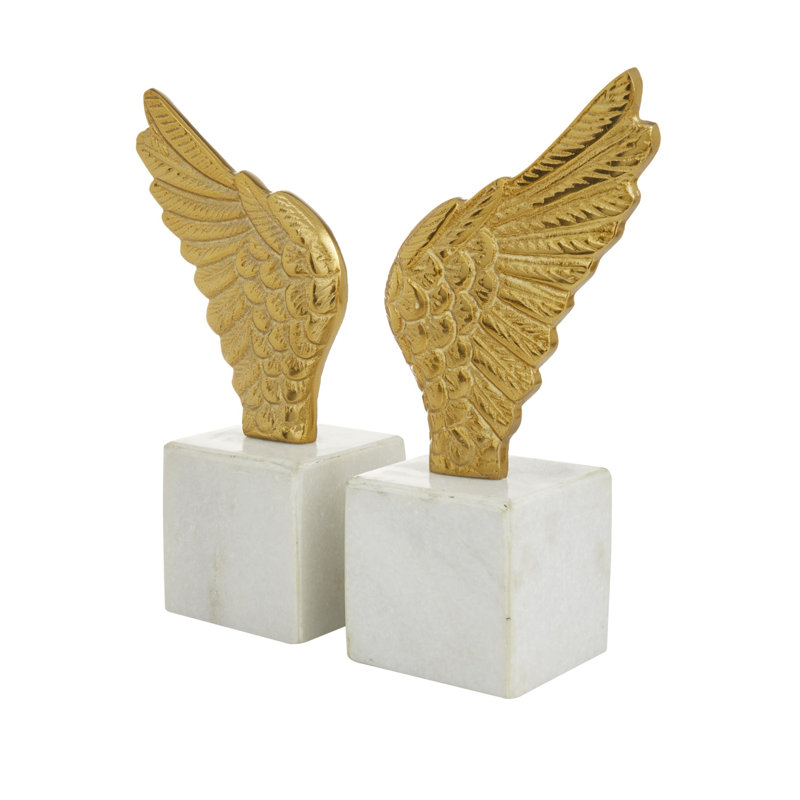 Serre-livres en aluminium avec ailes en métal et base en marbre, Or/blanc