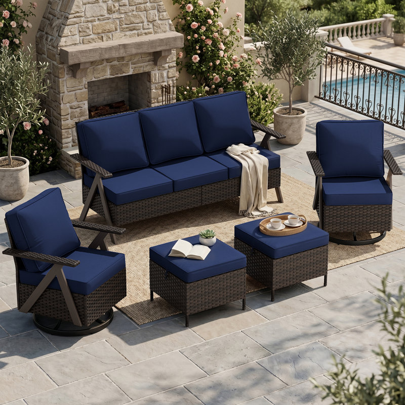 5-Piece Outdoor Patio PE Wicker Set With 3-Seat Sofa, 2 Swivel Chairs, 2 Ottomans & Blue Cushion, Blue