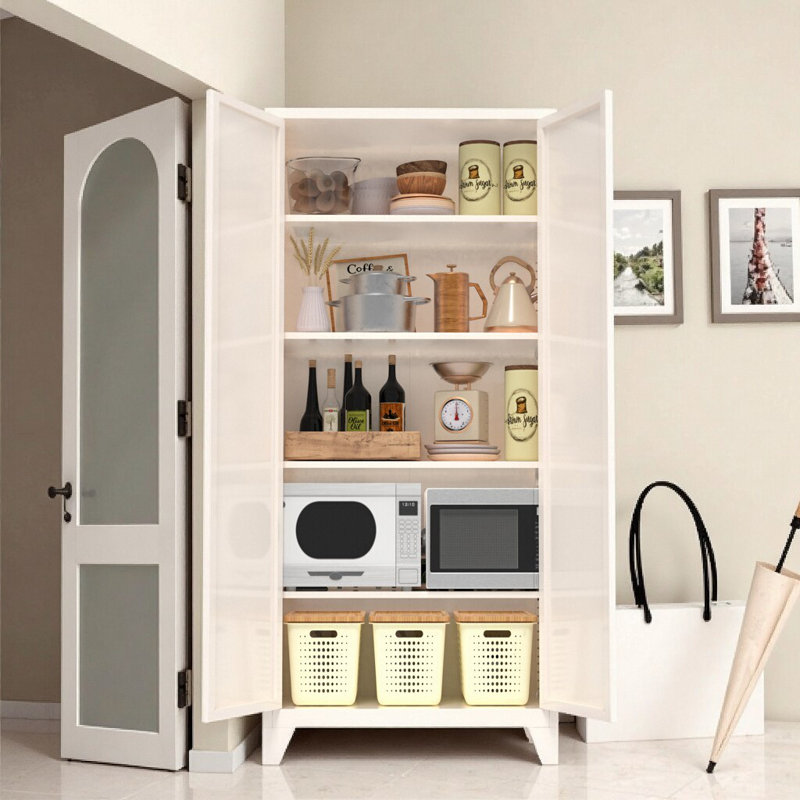 71" Beige Locking Metal Storage Cabinet with Adjustable Shelves - Kitchen, Bedroom, Office Organizer, Beige