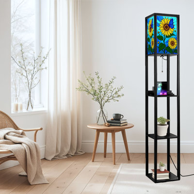 Dimmable LED Standing Floor Lamp Sunflower Stained Glass Print Window Art, MDF Frame Floor Lamp with Remote Control, 3 Color Light, for Living Room Bedroom