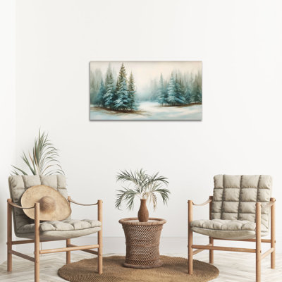 Grand paysage d'hiver, art mural sur toile forêt de pin enneigé 28 x 40 pouces, décoration murale de Noël rétro, scène d'hiver, affiche de peinture pour salon, chambre, bureau, prêt à être accroché, 24 x 36 pouces