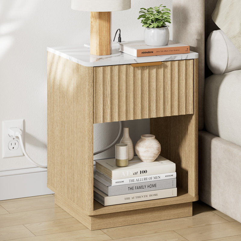 Schaitman 18''W Fluted 1-Drawer Nightstand with Open Cubby, Wood Nightstand with Built-In Charging Outlets