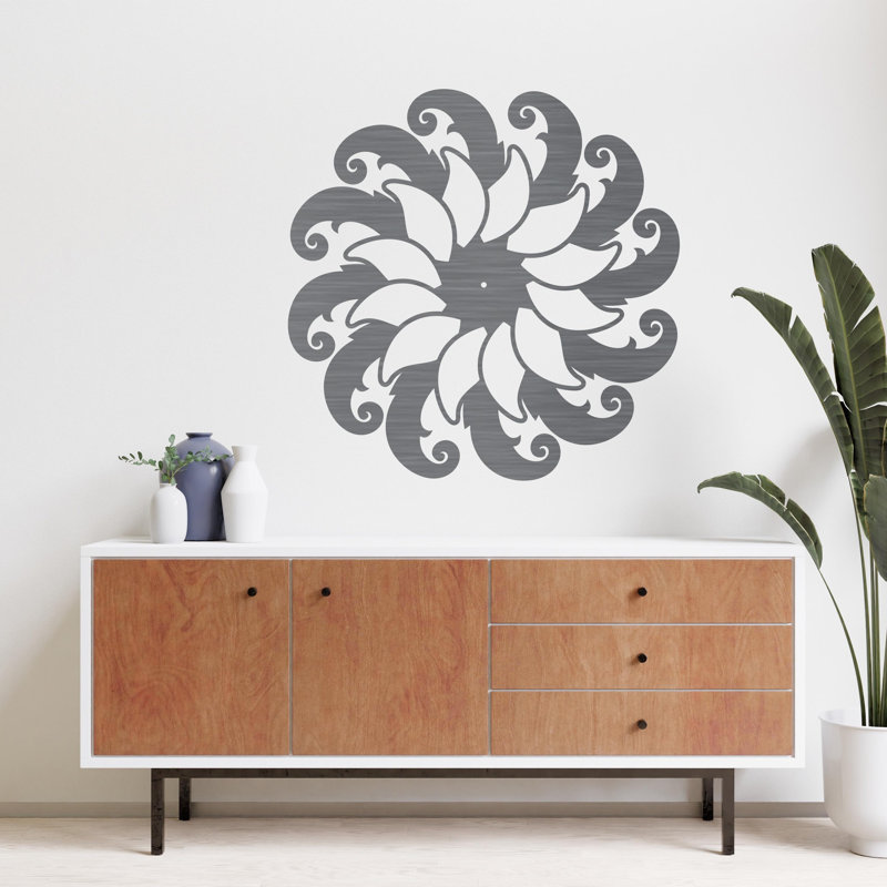 Art mural spirale mandala avec tourbillons - Argent ACM (24 po x 24 po), H 32 po x l 32 po x P 0,25 po, Noir