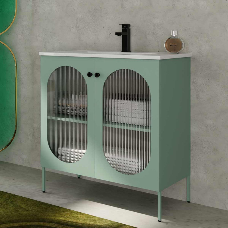 Meuble-lavabo autoportant de 30 pouces avec lavabo en céramique, armoire avec tablettes réglables, Vert