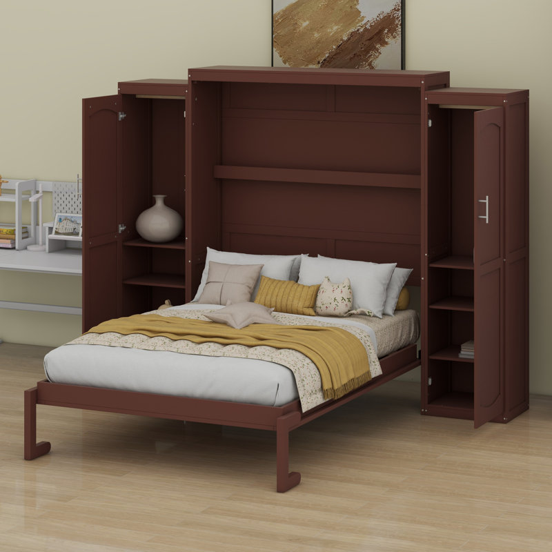 Lit plateforme pliable en bois avec garde-robe et tablette de rangement, Noyer, Grand lit