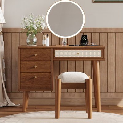 Ensemble de coiffeuse 39 "en bois avec tabouret Retro Bohemian