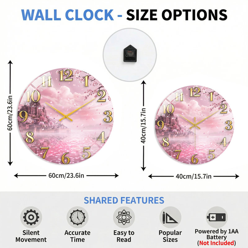 Horloge murale Cherry Blossom, 40 x 40 cm (15,7 x 15,7 pouces)