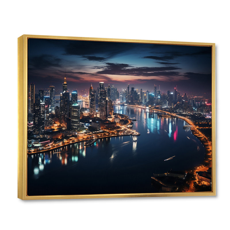Thailande, paysage urbain, lueur I, H 34 po x l 44 po x P 1,5 po, Cadre flottant doré