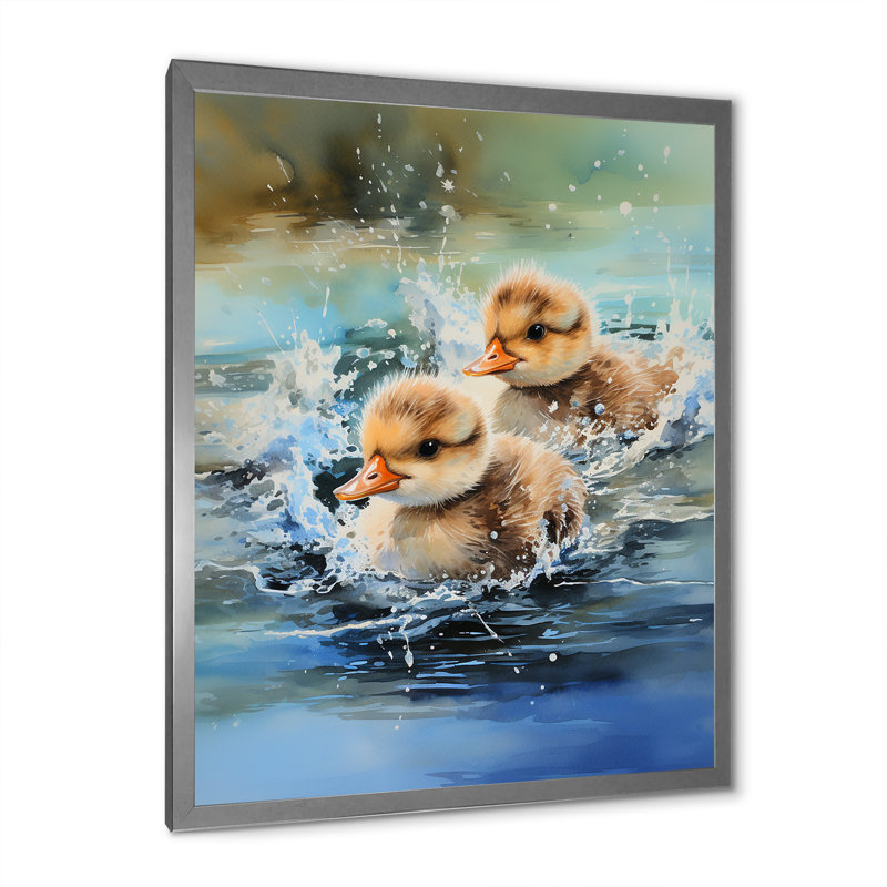 «Playful Paddler Ducklings» - Art mural animal canard, Cadre photo argenté, H 32 po x l 16 po x P 1 po