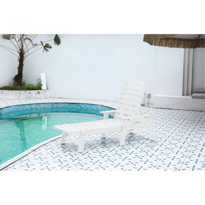 Lounge Chair Outdoor With Wood Texture, Oversized Chaise Lounge Chair With 5 Positions, HDPE, Patio Lounge Chair With Wheels & Cup Holder For Pool, Deck, Poolside, White