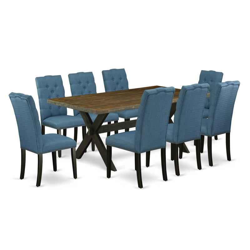 Ensemble de salle à manger moderne 9 pièces comprenant une table rectangulaire en bois avec pattes en X et 8 chaises de salle à manger Parson en tissu lin bleu multicolore.
