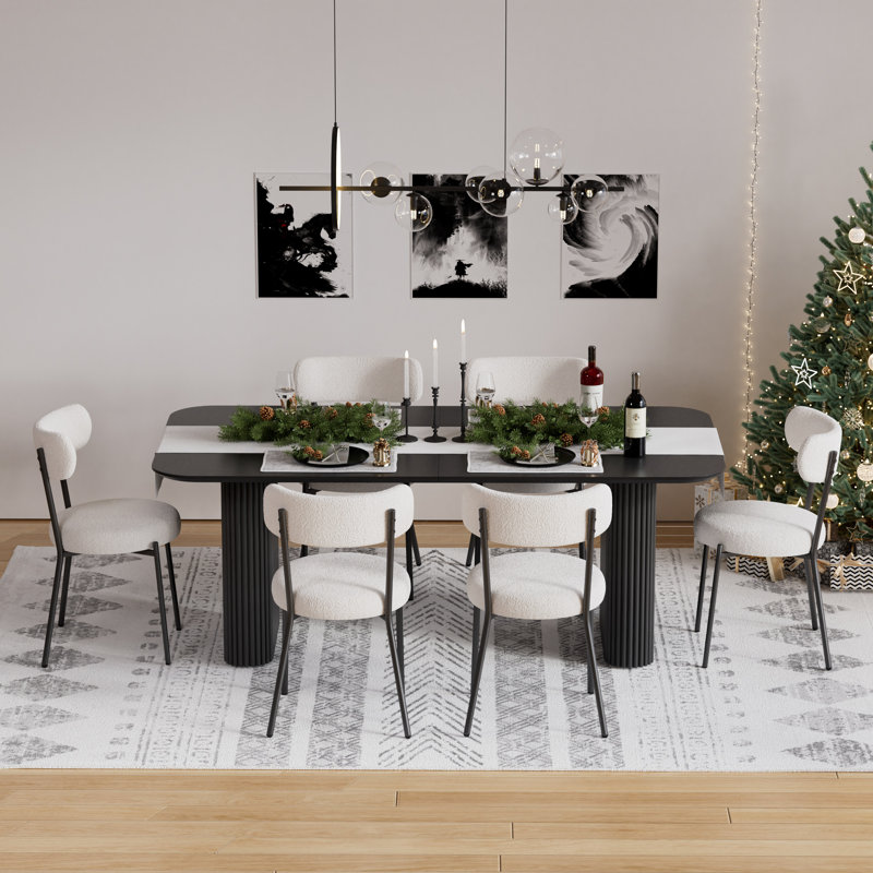 Ensemble de salle à manger rectangulaire à double piédestal avec table de salle à manger de style crème, Blanc/Noir, 7