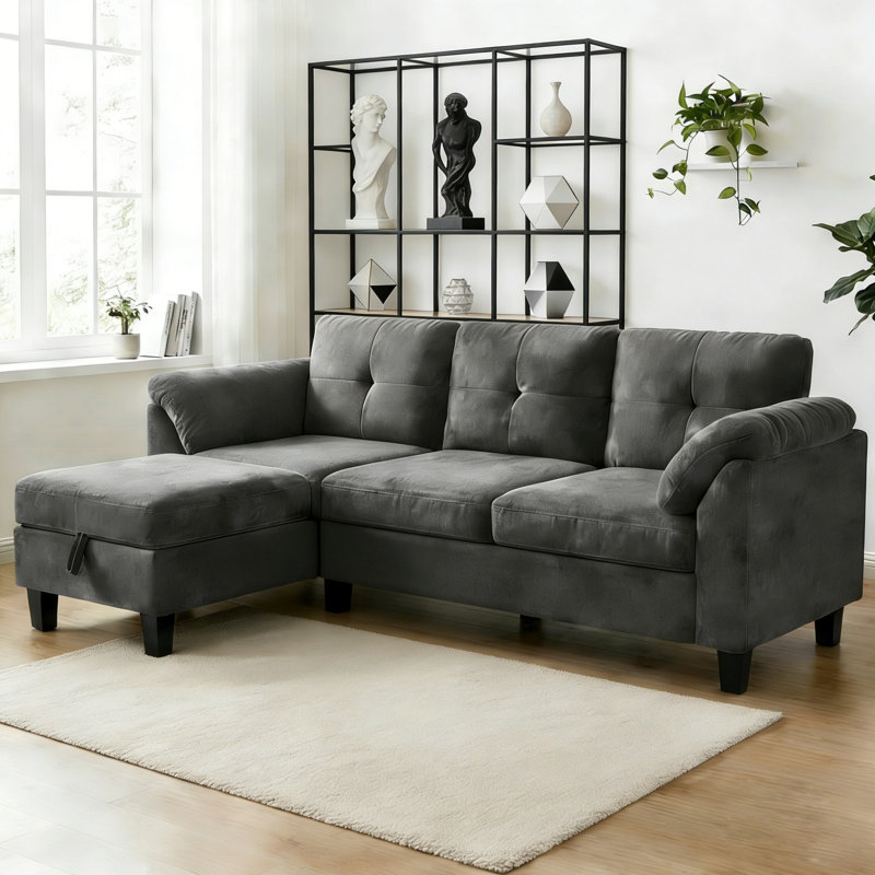76.4'' Modern 3-Seat Sectional Sofa With Arm Pillows, Convertible Chaise Lounge, Soft Upholstered Couch For Living Room, Gray