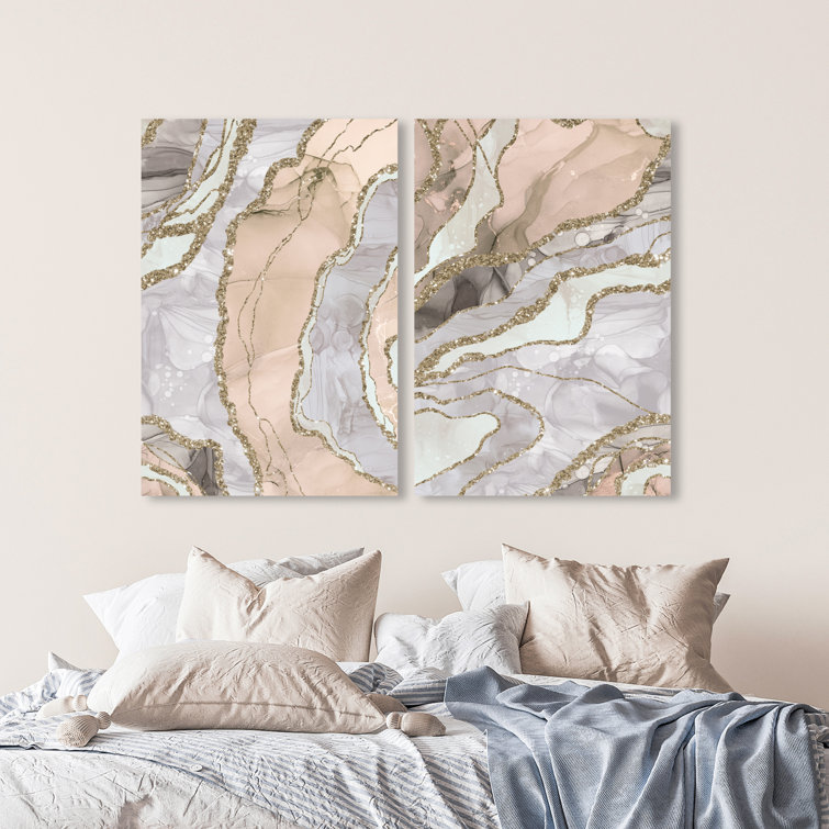 Glitter Flow Geode Set, Abstract Glam Quartz Modern Pink - 2 Piece Wrapped Canvas Painting Set