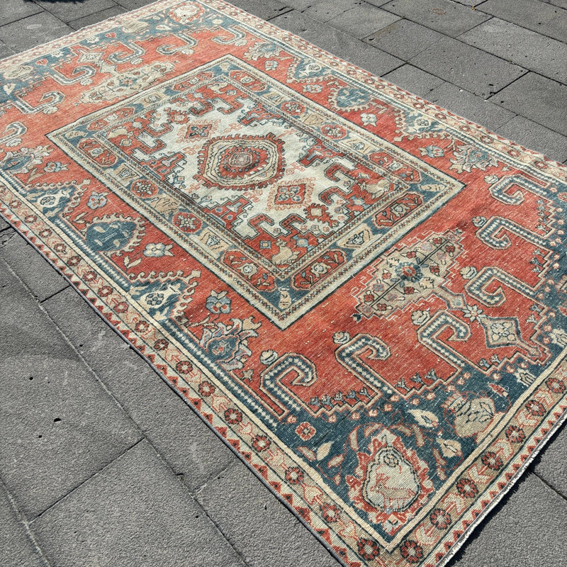 Grand tapis turc Oushak rétro bleu - idéal pour la décoration de chambre à coucher avec un motif anatolien complexe