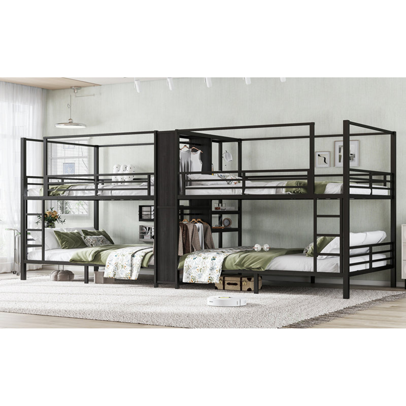 Queen Size Quadruple Metal Bunk Bed With Built-In Storage, Sturdy Frame, And Noise-Reduced Design For Maximum Space Efficiency And Safety
