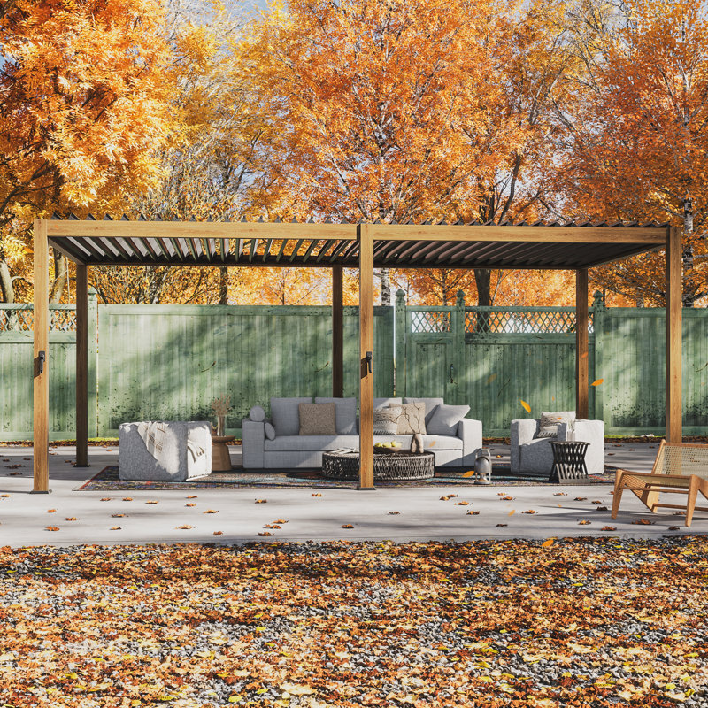 Patio Pergola Aluminum Metal Frame Freestanding Pergola with Louvered Roof for Outdoor, Wood Grain, 12' x 20'