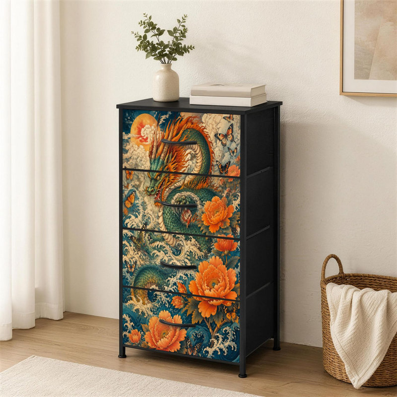 Commode 4 tiroirs pour chambre à coucher Dragon chinois à motif floral Ocean Waves