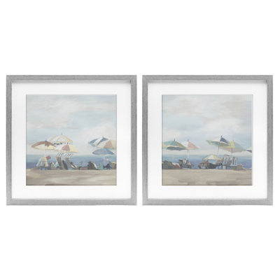 Pale Beach Day Umbrellas 2pc Framed Print Under Glass Set, design by Liz Jardine