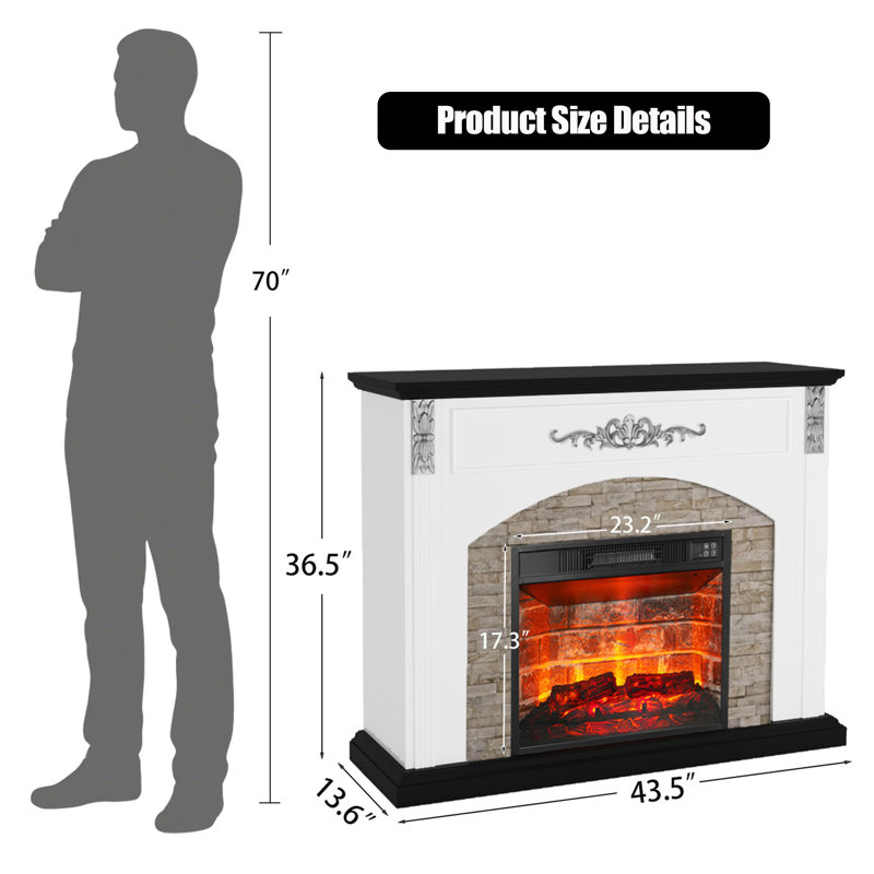44" W Electric Fireplace With 23" Heater Insert & Mantel For Living Room, White