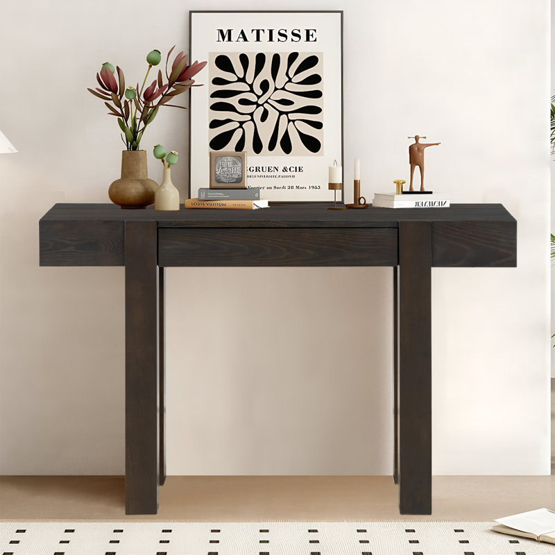 Table d'entrée en bois massif épais avec ports de chargement et tiroir de rangement caché | Style minimaliste intemporel