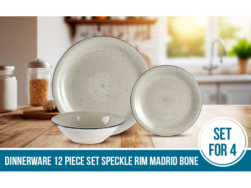 12-Piece Stoneware Set, Plates, Dishes, Bowls, Service for 4, Speckle Rim Madrid Bone, Beige