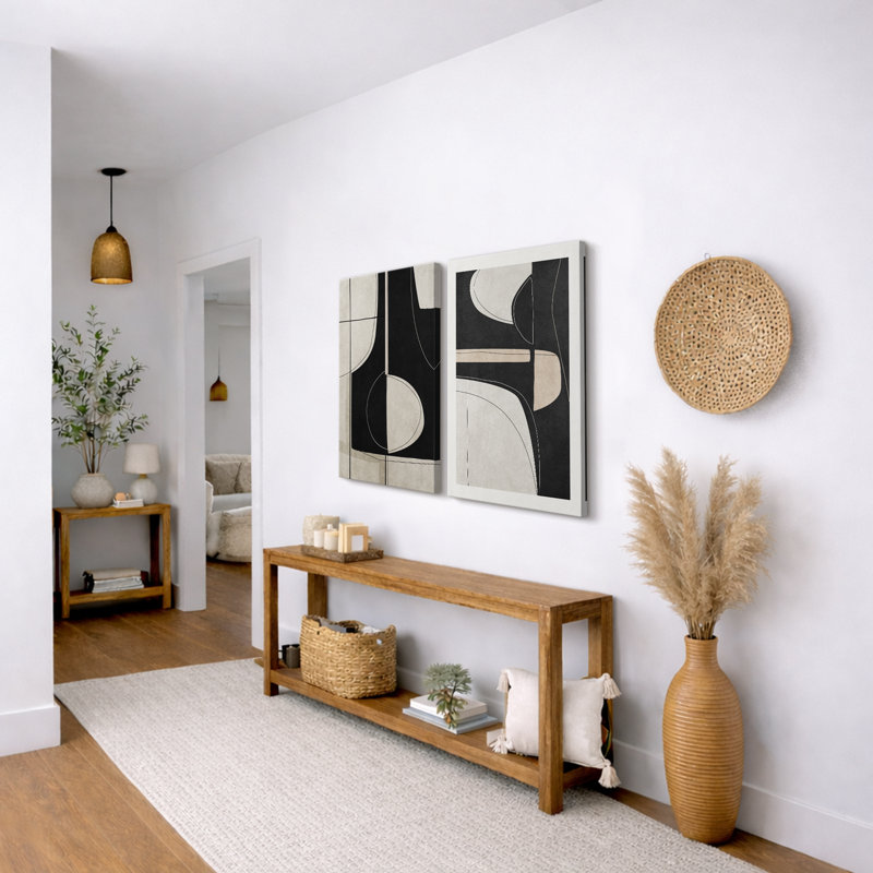Mid Century Shape "Black Green Abstract Shape Artwork, Classy Minimal Contemporary Neutral Wall Pictures, Framed Canvas Giclée Print 2 Pieces Wall Art" 16x24x2 pcs, 24x36x2 pcs